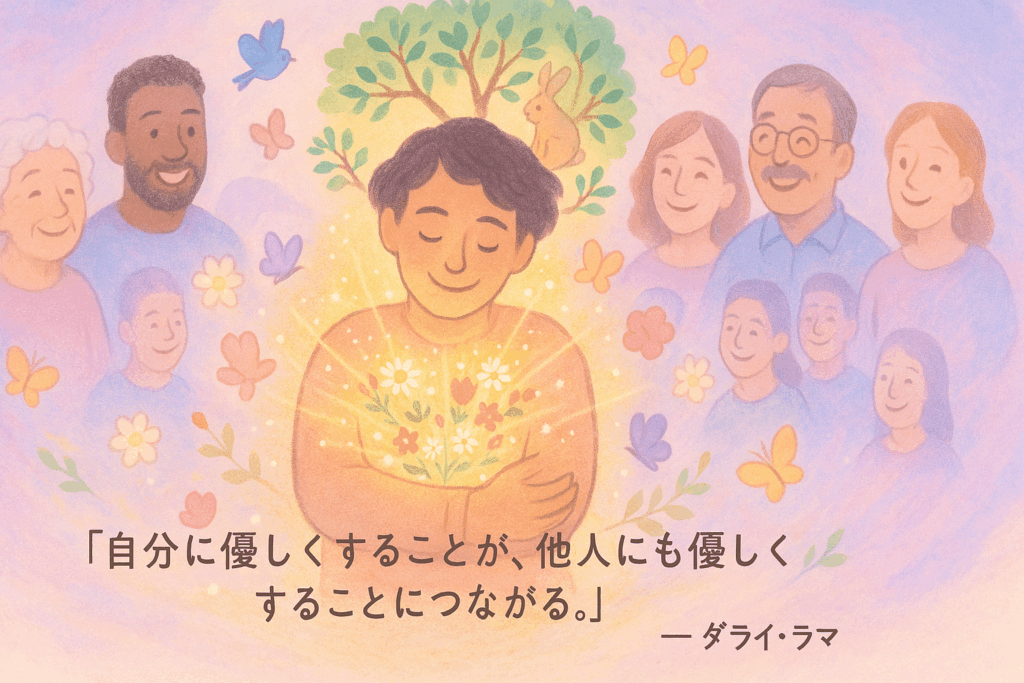 自分を大切にすることが周囲への優しさに広がるということを表現した温かいイラストとダライ・ラマの名言