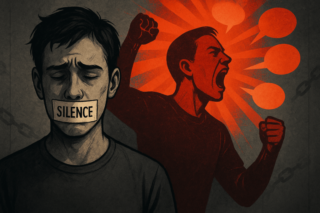 口に「沈黙」と貼られた男性と、怒りをあらわにする心の中の彼のイラスト