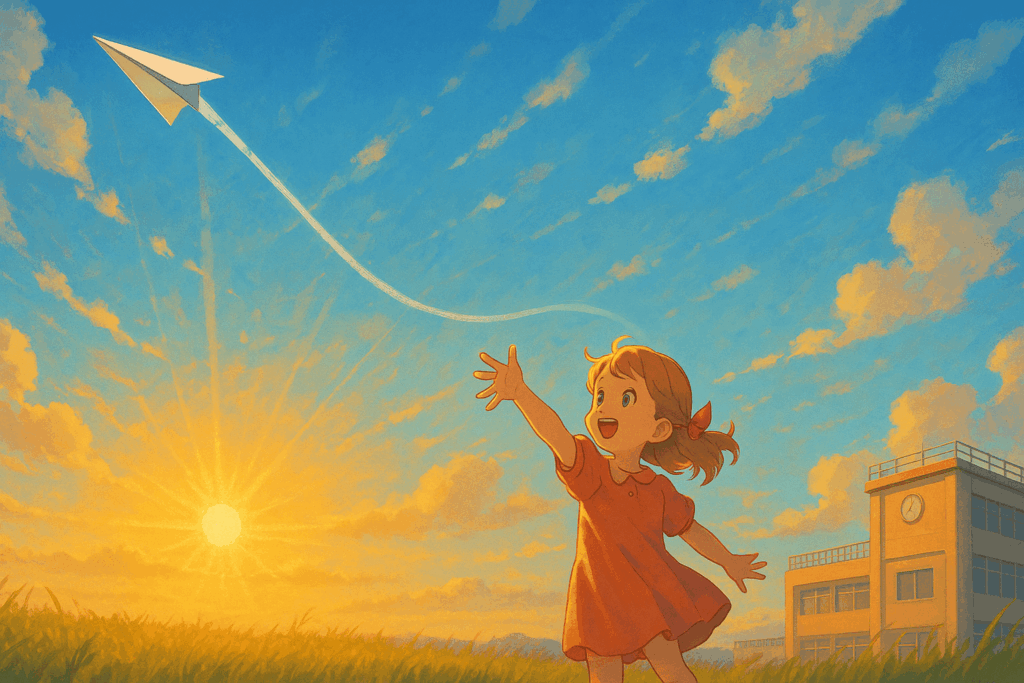 夕日と学校の校舎を背景に紙飛行機を飛ばす少女のイラスト