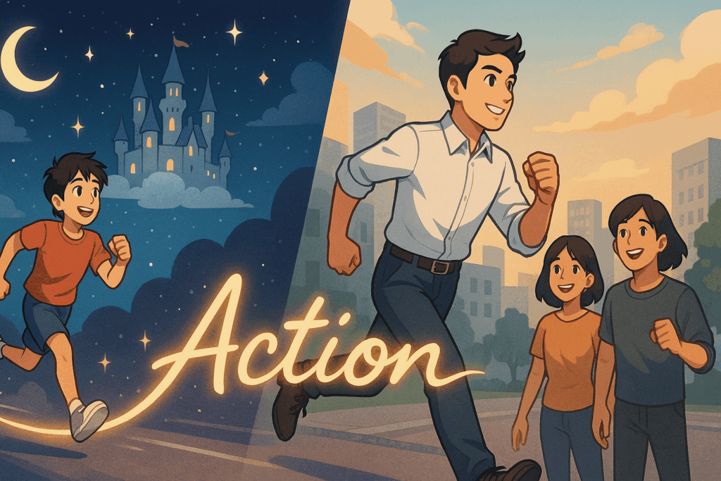 少年時代の夢と大人になった行動をつなぐアートで、「Action」という文字が印象的なイラスト