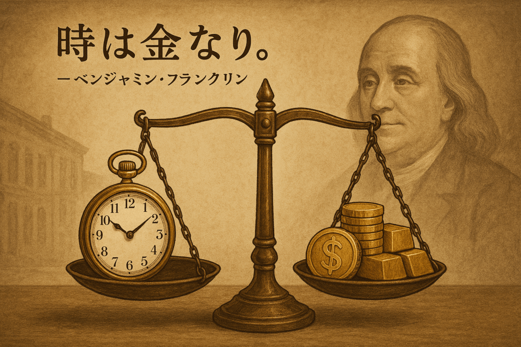 天秤にかけられた懐中時計と金貨・金塊、背景にベンジャミン・フランクリンの肖像が描かれたイラストと彼の名言