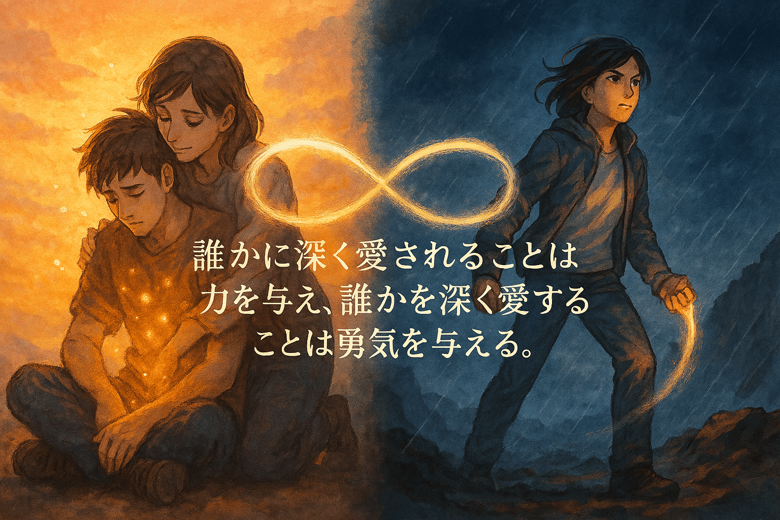 「誰かに深く愛されること」で与えられた力と「誰かを深く愛すること」で与えられた勇気を表現したイラストと老子の名言