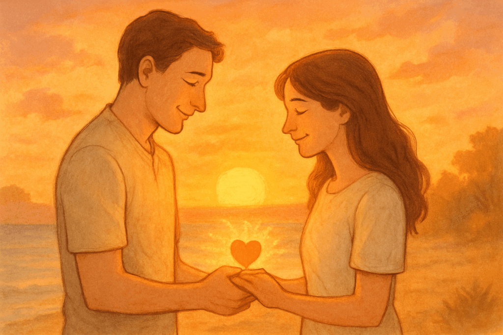 夕陽を背景に互い愛を分かち合うカップルのイラスト