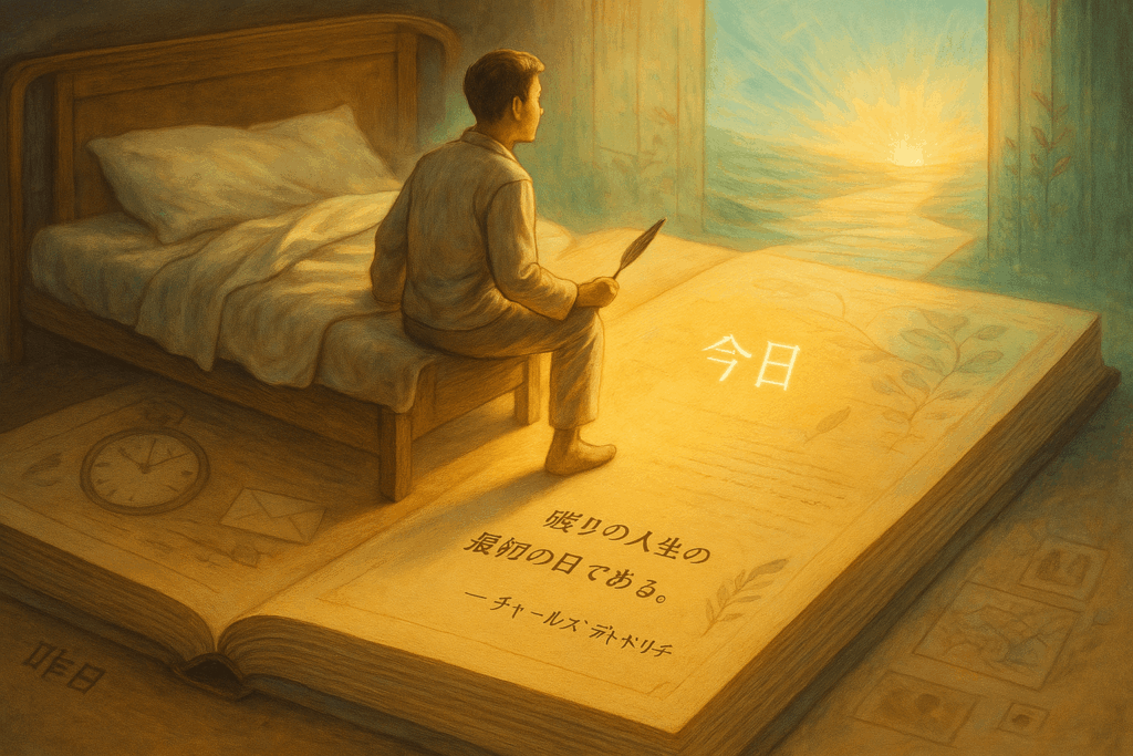 巨大な本の上のベッドに座り、羽ペンを持って朝日を見つめる男性を描いたイラスト