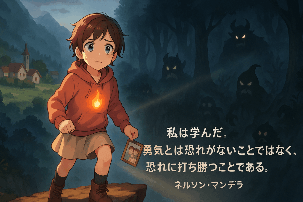 少女が闇の森へ勇気を持って進む様子を描いたイラストとネルソン・マンデラの名言