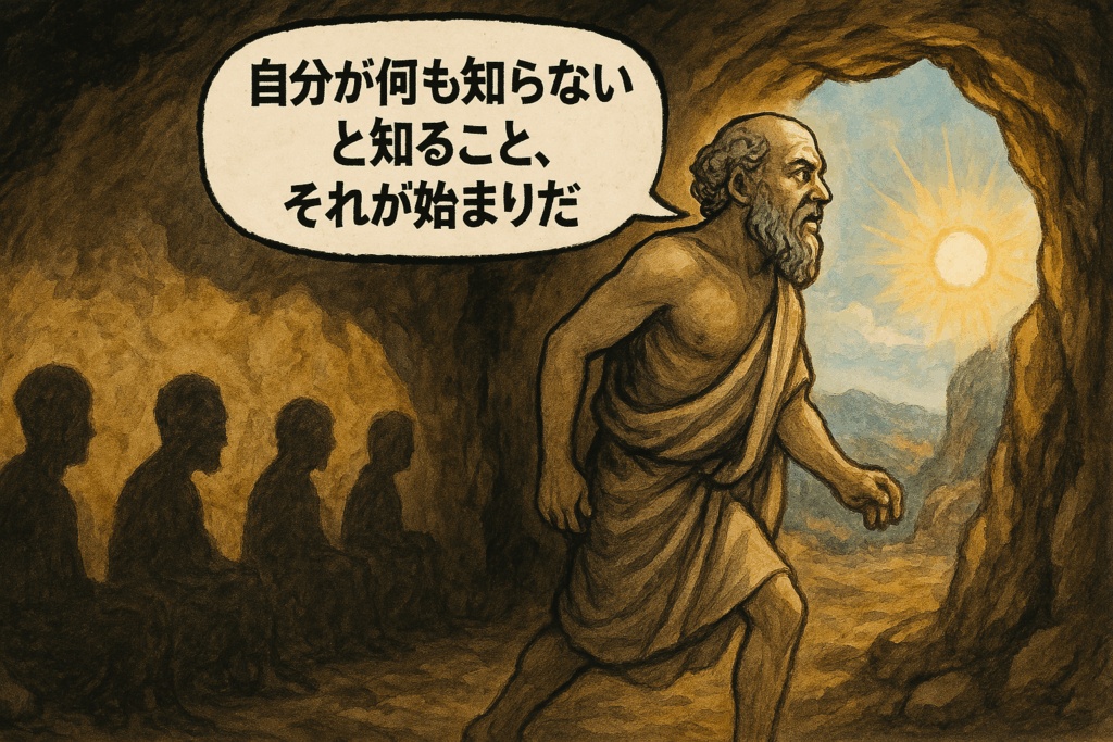 「自分は何も知らないと知ること、それが始まりだ」と語り、洞窟を出ていこうとするソクラテスを描いたイラスト