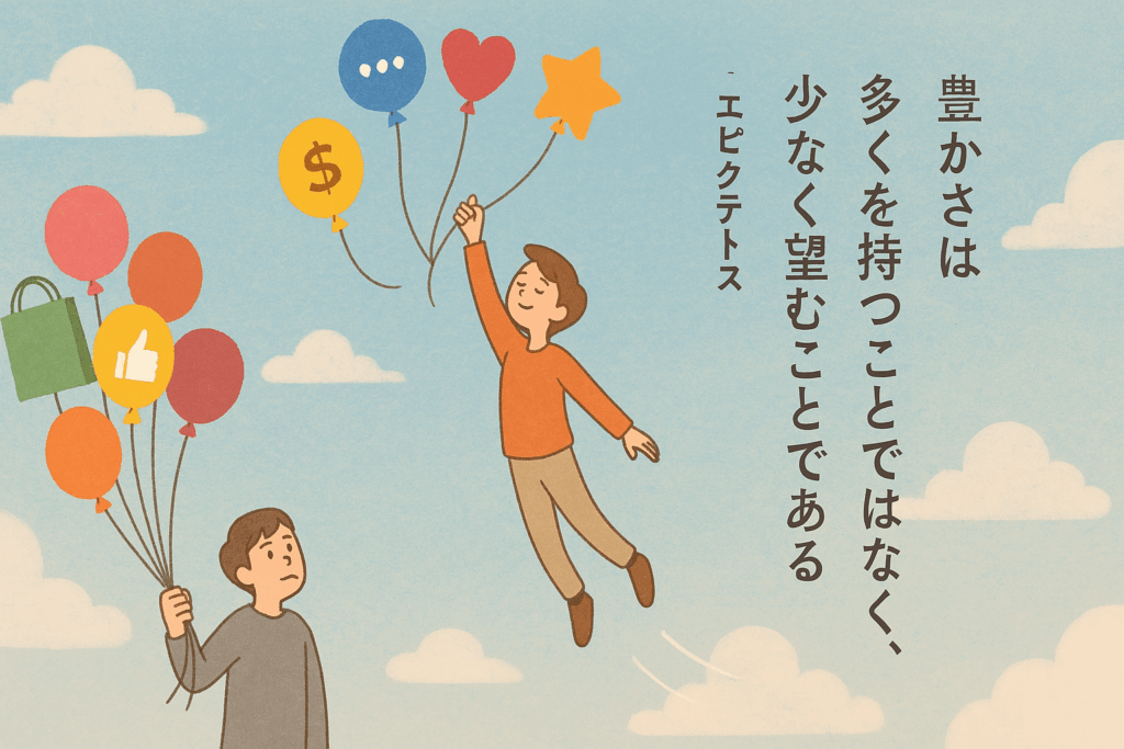 風船を持って飛び立つ少年と、地上で悩む少年のイラストとエピクテトスの名言