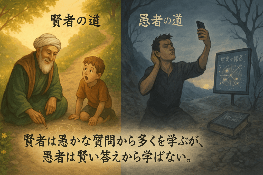 賢者は質問から学び愚者は答えから学ばないことを表したイラストとブルース・リーの名言