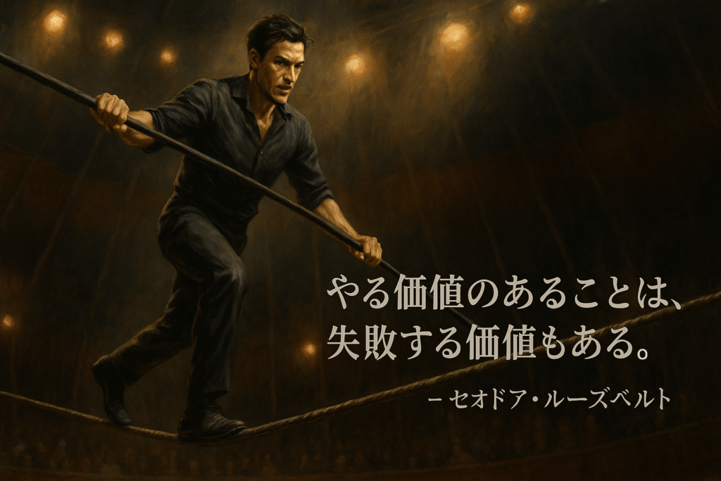 綱渡りをする男性のイラストとセオドア・ルーズベルトの名言