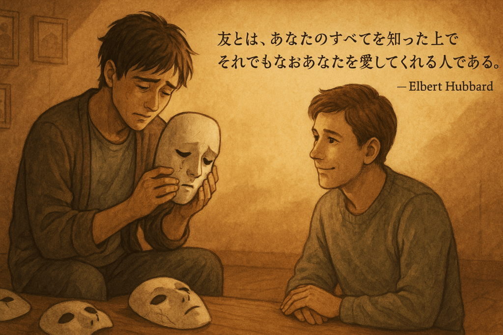 涙を浮かべながら仮面を外す男性と、優しく寄り添う友人のイラストと、エルバート・ハバードの名言
