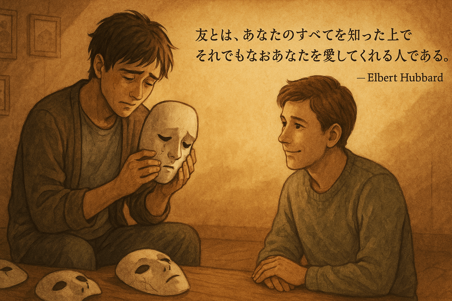 涙を浮かべながら仮面を外す男性と、優しく寄り添う友人のイラストと、エルバート・ハバードの名言