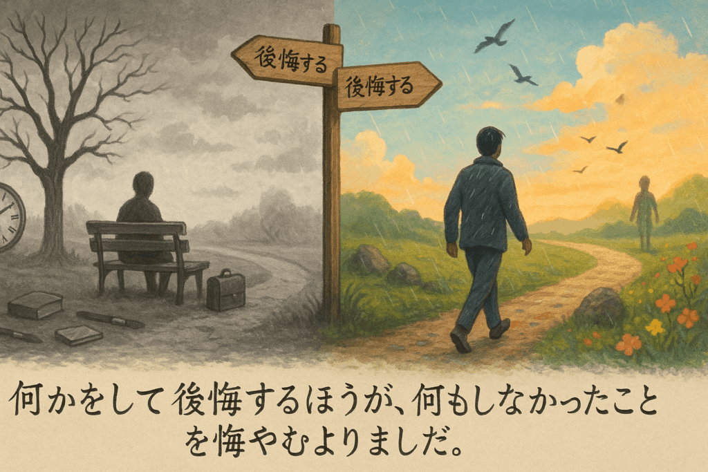 選択しなかったことへの後悔と、行動したことへの後悔の二択を描いたイラスト