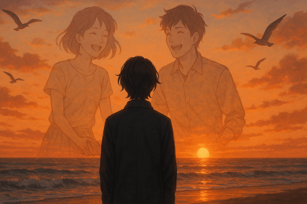 夕焼けの海辺で一人佇む人物と、空に浮かぶように現れる笑顔の男女の幻影が描かれた、懐かしさと孤独を表現した絵