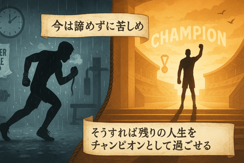 雨の中トレーニングするボクサーと、チャンピオンとなった姿を対比したモチベーションイラスト