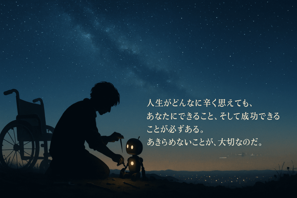 夜明け前の暗い風景の中、一人の青年が、壊れた車椅子の部品を使って小さなロボットを修理・組み立てている場面を描いたイラストとスティーブン・ホーキングの名言