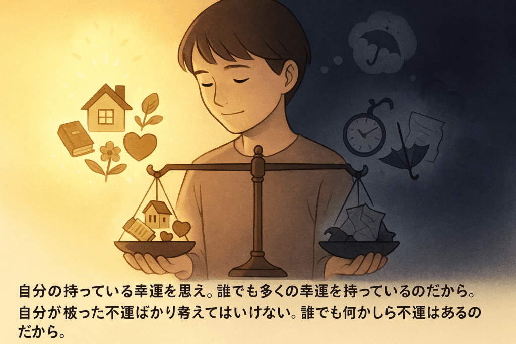 幸運と不運を天秤で比べ、自分の持つ幸運に目を向けようとする人物のイラストとチャールズ・ディケンズの名言