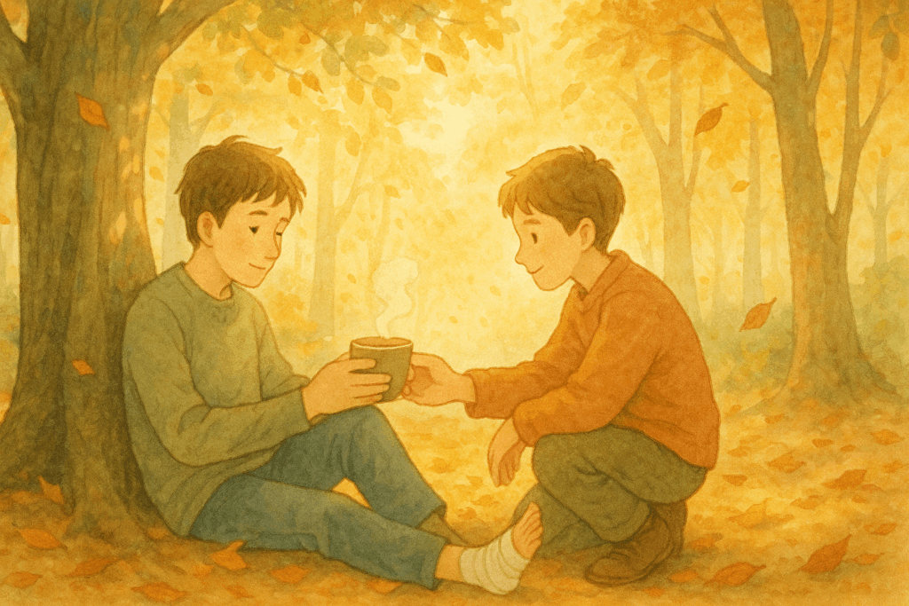 秋の森の中、足を怪我した少年にお茶を渡す友人のイラスト