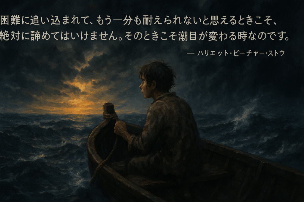 荒波の中を漕ぐ若者のイラストとハリエット・ビーチャー・ストウの名言