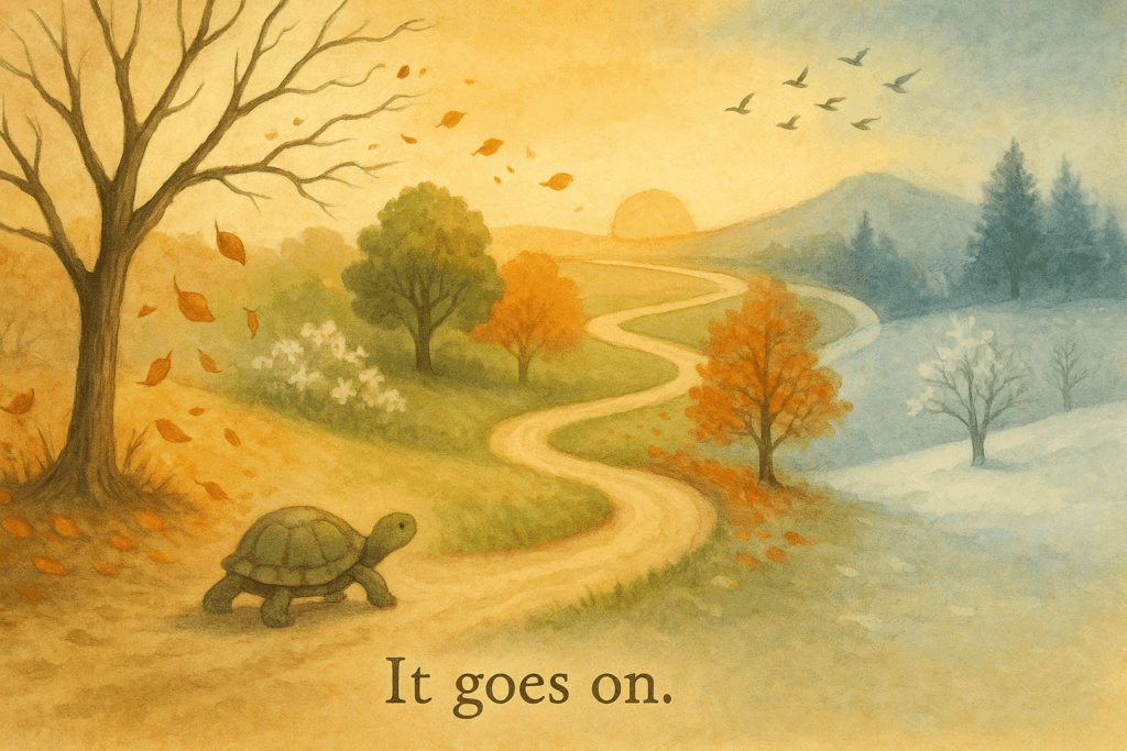 四季の移り変わりの中をゆっくり進むカメと、「It goes on.(人生は続く)」という言葉を描いた優しいイラスト