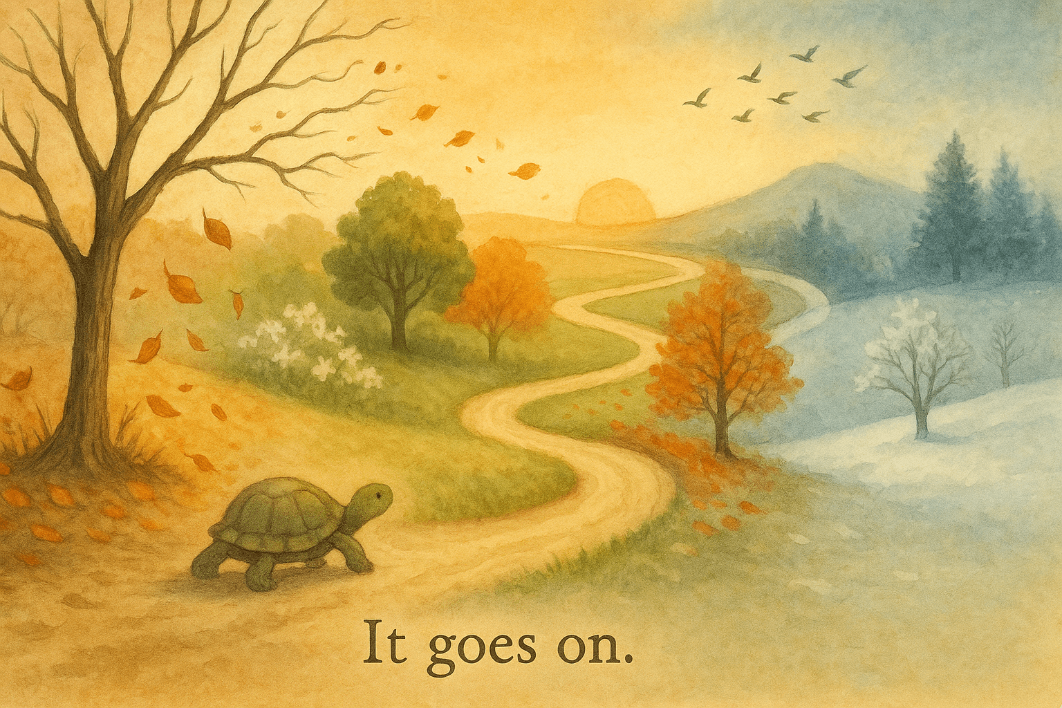 四季の移り変わりの中をゆっくり進むカメと、「It goes on.（人生は続く）」という言葉を描いた優しいイラスト