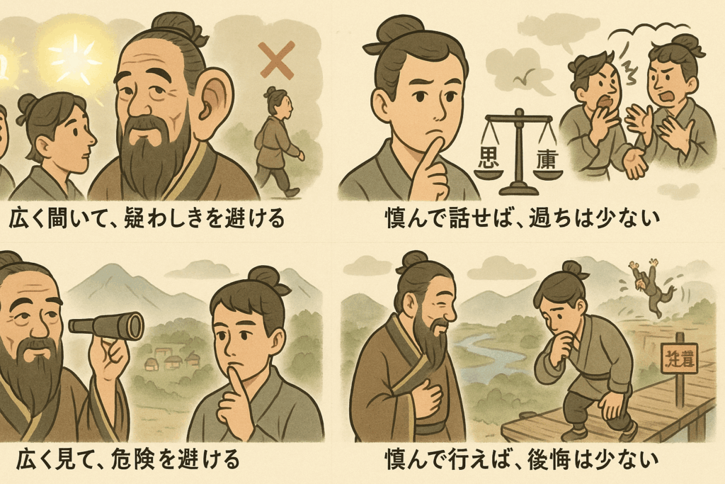 広く聞き、慎重に話し、よく見て、行動すれば後悔が減るという教訓を描いた日本語の四コマ風イラスト