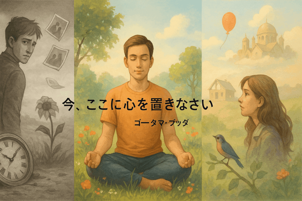 過去を振り返る若者、瞑想する青年、未来を見つめる女性の3場面を描いたイラストとゴータマ・ブッダの名言