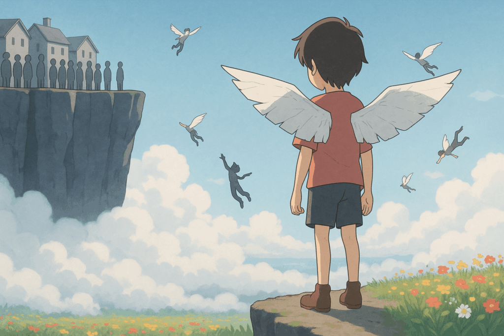 紙の翼のある少年が崖の上から自由に飛び立つ人々を見つめる幻想的な風景のイラスト