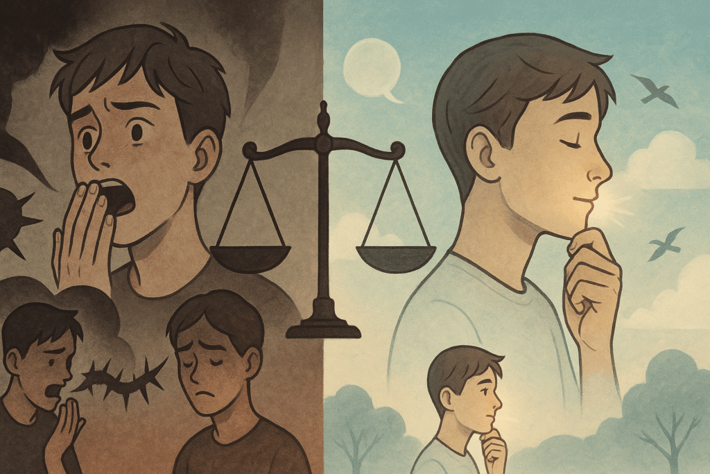衝動的に話して後悔する様子と、落ち着いて考える姿の対比を描いた教訓的なイラスト