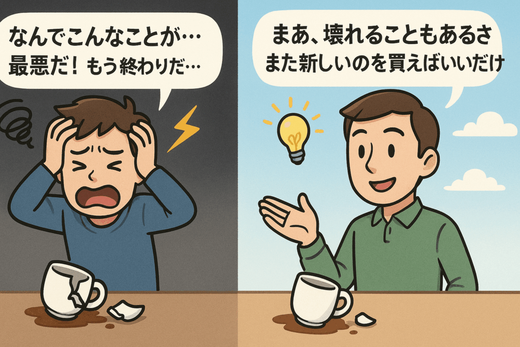 壊れたマグカップに絶望する人と、「また買えばいい」と前向きに考える人の対比イラスト