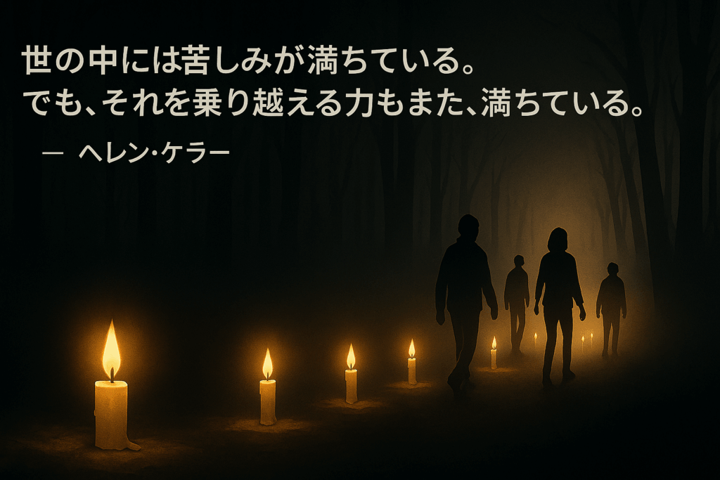 暗い森の中で灯りを頼りに歩く人々のイラストとヘレン・ケラーの名言