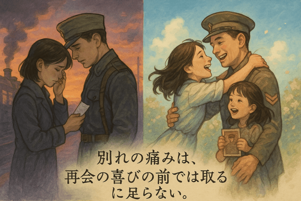 左に別れの悲しみ、右に再会の喜びを描いた戦争中の家族の場面とチャールズ・ディケンズの名言