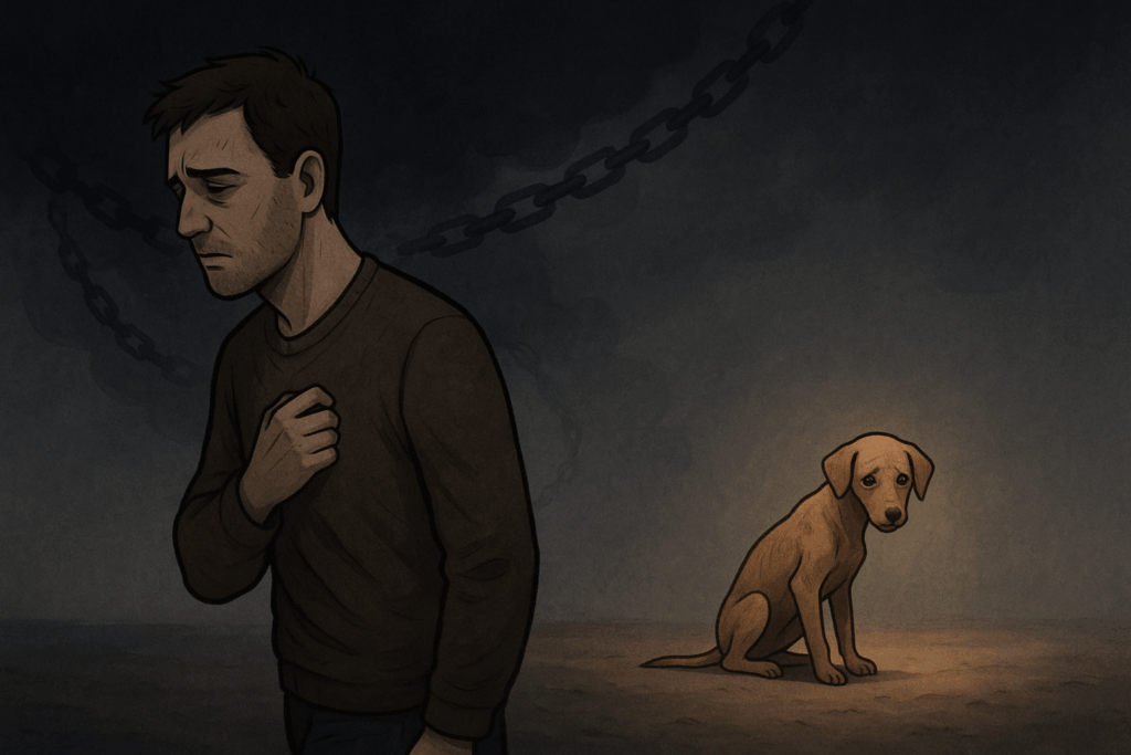 鎖につながれたような背景の中、悲しそうにうなだれる男性と寂しそうな子犬を描いたイラスト