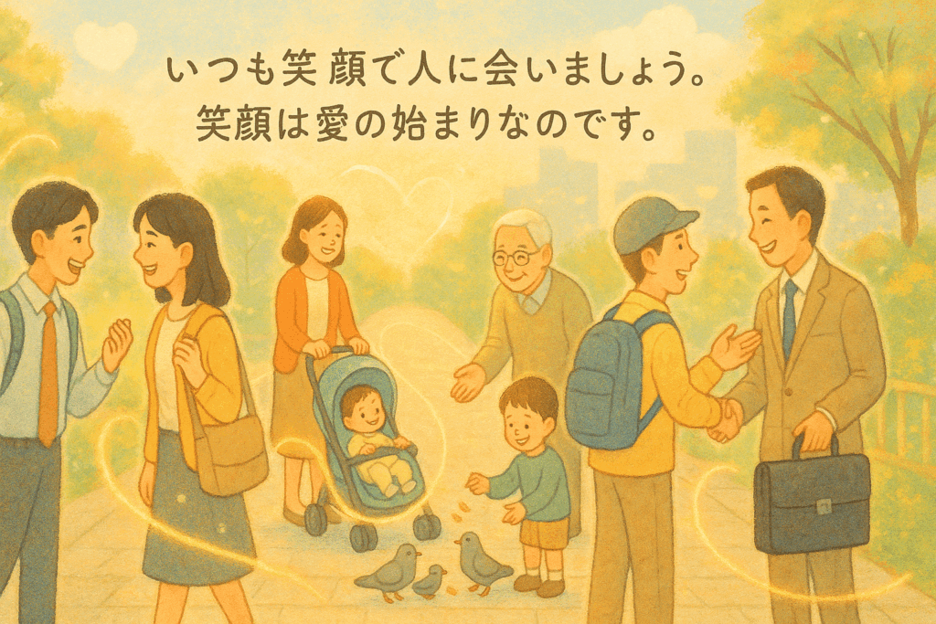 公園で笑顔で挨拶を交わす人々を描いた温かなイラストとマザー・テレサの名言