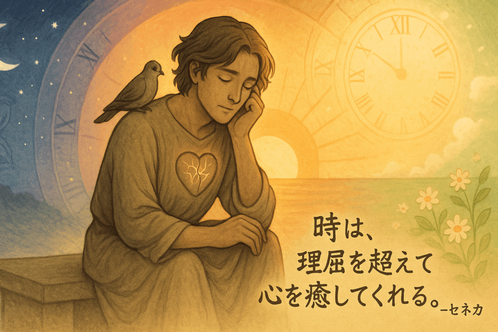 夜と昼の境界の背景に座り込む人物のイラストとセネカの名言
