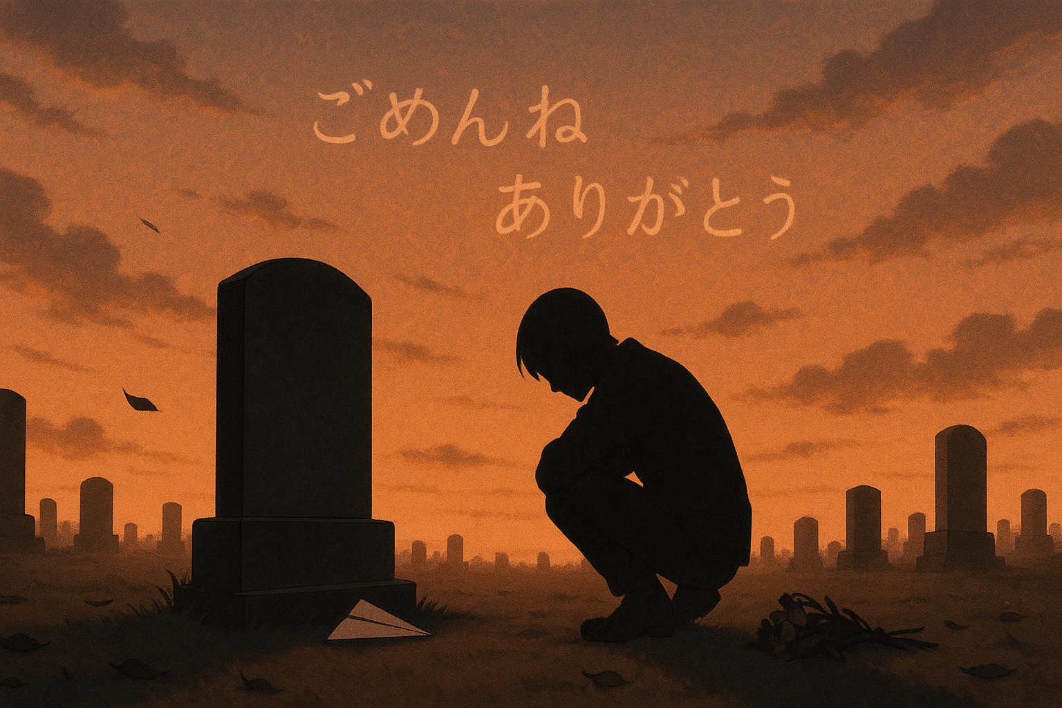 夕暮れの墓地で墓石の前にひざまずく人物と空に浮かんだ「ごめんね」「ありがとう」の言葉