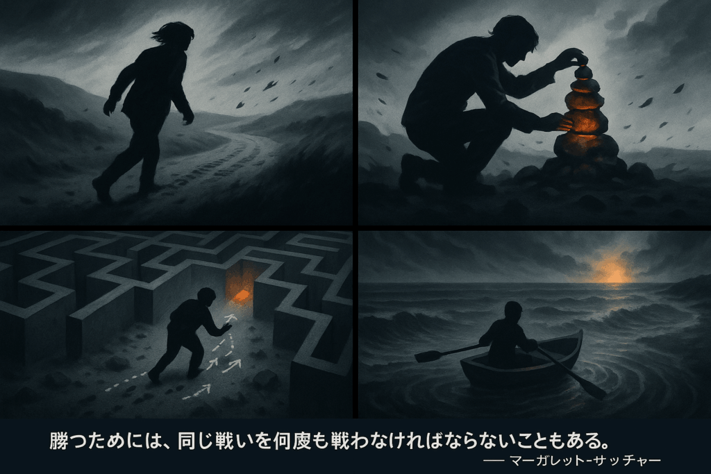 嵐の中で努力する人物が描かれた4つの場面のイラストとマーガレット・サッチャーの名言
